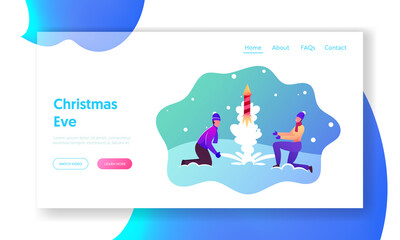 Obraz na płótnie Canvas Firework Landing Page Template. Happy Couple Wear Winter Clothes Burning and Launch Petard or Fireworks for Christmas