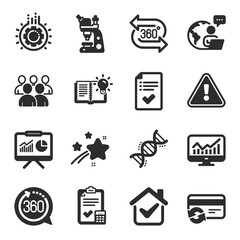 Set of Technology icons, such as Change card, Presentation, Accounting checklist symbols. Product knowledge, 360 degree, Approved checklist signs. Microscope, Gear, 360 degrees. Group. Vector