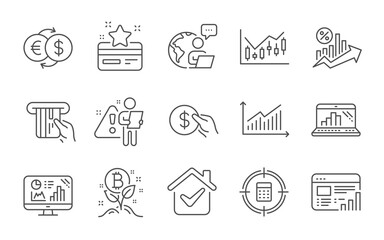 Fototapeta na wymiar Loyalty card, Payment and Credit card line icons set. Web report, Calculator target and Analytics graph signs. Money exchange, Graph and Bitcoin project symbols. Line icons set. Vector