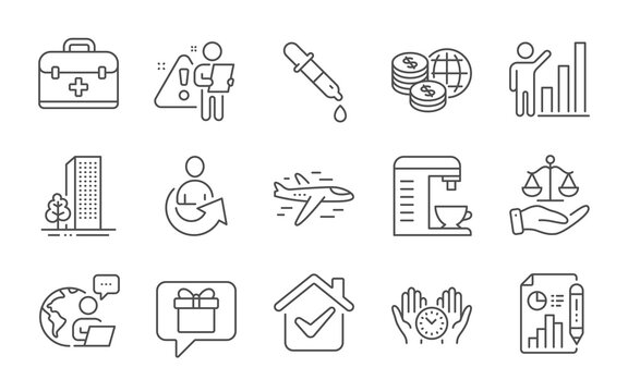 Safe time, Justice scales and Airplane line icons set. Wish list, Buildings and World money signs. Coffee machine, Share and Graph chart symbols. Line icons set. Vector