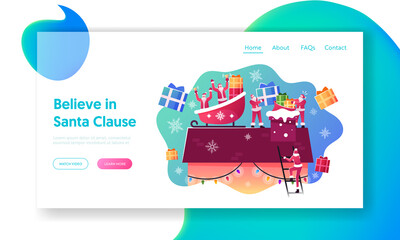 Xmas Festive Night, Merry Christmas Greeting Landing Page Template. Happy Santa Claus Sitting in Sled on House Roof