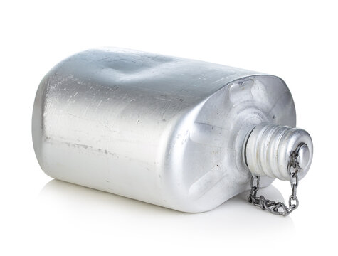 Old Army Aluminum Flask Isolated On A White Background.