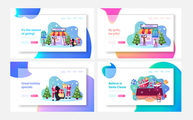 Christmas Promotion Landing Page Template Set. Santa Claus with Gifts, Elf Holding Sale Banner, Reindeer Xmas Promo