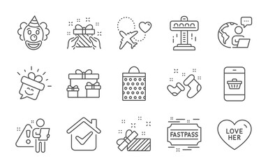 Surprise boxes, Present and Clown line icons set. Honeymoon travel, Love her and Smile signs. Shopping bag, Attraction and Fastpass symbols. Gift, Smartphone buying and Santa boots. Vector