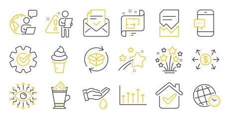 Set of Business icons, such as Corrupted file, Approved mail, Return parcel symbols. Artificial intelligence, Time zone, Wash hands signs. Architectural plan, Latte coffee, Dollar exchange. Vector