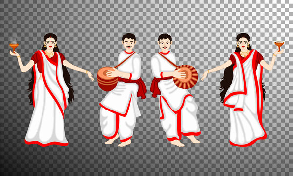 Set of couple characters for the celebration festival of west bengal shubh bijoya or durga puja men and women dress up white and red traditional bengal.
