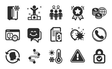 Winner, Security lock and Smile face icons simple set. Timeline, Payment and Balloon dart signs. Weather thermometer, Call center and Group people symbols. Flat icons set. Vector