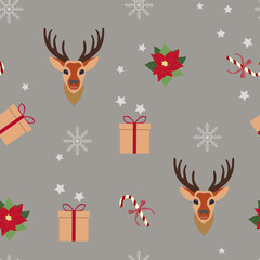 Seamless Christmas vector illustration with deer, gifts and poinsettia flowers.