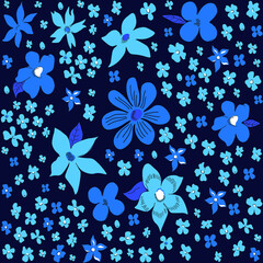 Vector illustration with abstract blue flowers. Ditsy print. Elegant template for fashion prints. Delicate floral pattern on a dark background.
