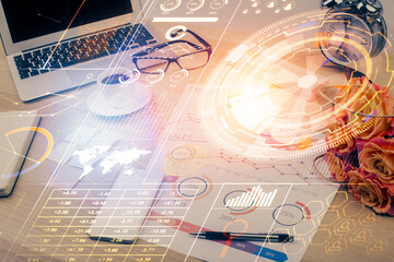 Multi exposure of table with computer on background and data theme drawing. Concept of innovation.