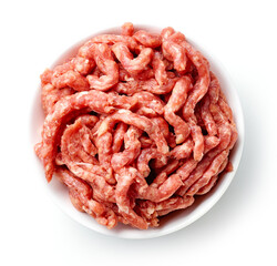 Bowl of minced meat isolated on white, from above