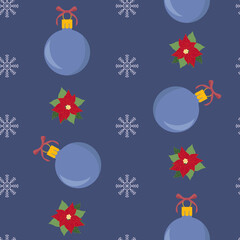 Christmas seamless vector illustration with new year balls and poinsettia flowers.