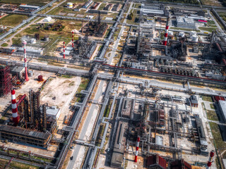 Large oil refinery aerial view. Lots of sophisticated technological equipment.