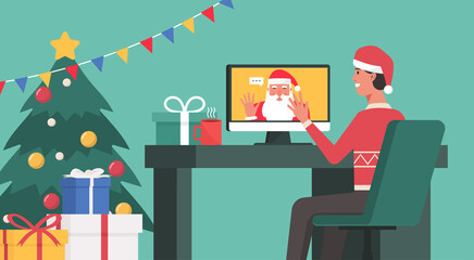 Online Christmas concept, man video calling to say hi Santa Claus on a computer at home with colorful gift boxes and christmas tree decorated, vector flat  illustration
