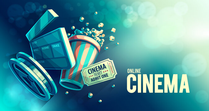 Online cinema art movie watching with popcorn and film-strip cinematograph concept vintage retro colors. Illustration.