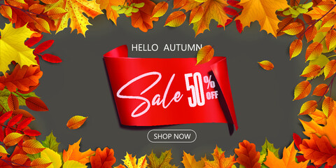 Greetings and gifts for the autumn and autumn season concept. Autumn background, poster and banner template with colorful autumn leaves.