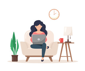 Girl with a laptop in a chair. Vector illustration in flat style.