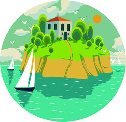 vector poster with a house on the island. round postcard with vector illustration where is the house, island, yachts, beautiful clouds