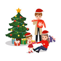 Family celebrating Christmas together. Exchanging and opening gifts together. Happy parent and daughter clip art. Flat style vector isolated on white background.