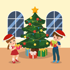 Boy and girl exchange present. Christmas party situation. Merry Christmas. Children clip art. Gifts under Christmas tree. Flat style cartoon vector.
