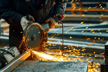 Cutting a metal beam using an electric hand saw.