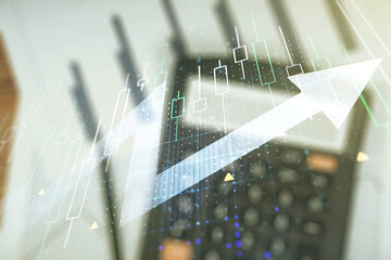 Multi exposure of abstract financial diagram and upward arrow on calculator and papers background,...