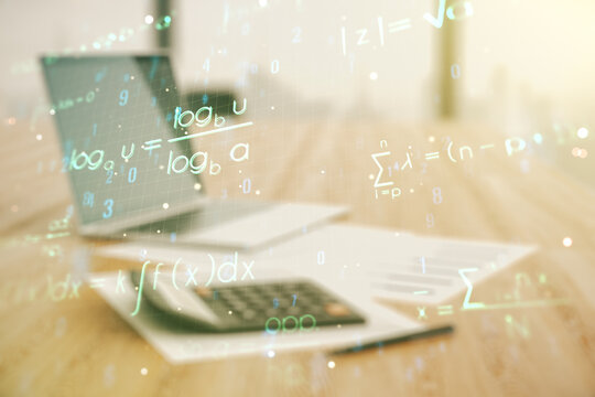 Scientific formula hologram on calculator and pc background, research concept. Multiexposure