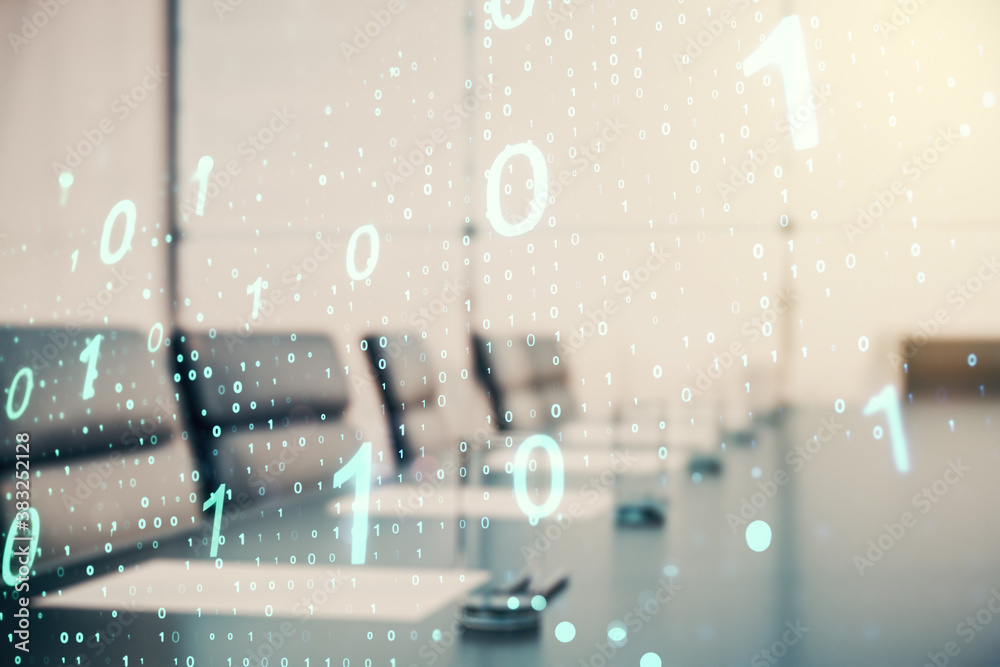 Poster abstract virtual binary code sketch on a modern boardroom background, hacking and matrix concept. mu