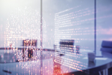 Naklejka premium Double exposure of abstract virtual creative code skull hologram on a modern meeting room background. Malware and cyber crime concept