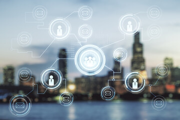 Double exposure of abstract virtual social network icons on blurry cityscape background. Marketing and promotion concept