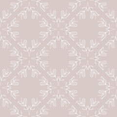 Vector Delicate Peony Leaves Line Art Tiles in White and Beige seamless pattern background.