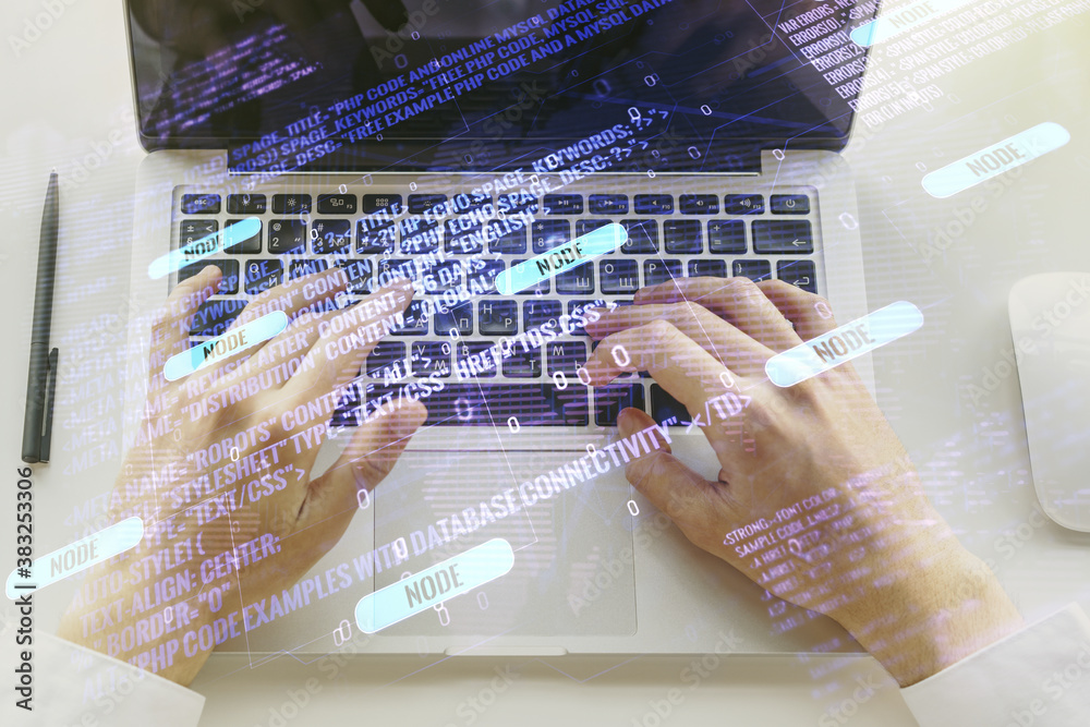 Poster double exposure of abstract creative programming illustration with world map and hand typing on lapt