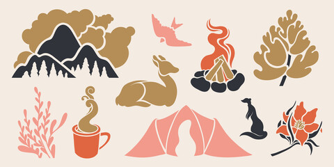 A set of objects on the topic of tourism, camping, outdoor activities. Tent, fire, animals, forest in the mountains. Vector illustration.