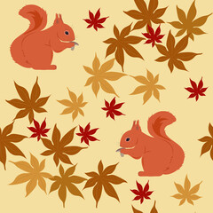 Seamless vector illustration with cute squirrels and autumn leaves.