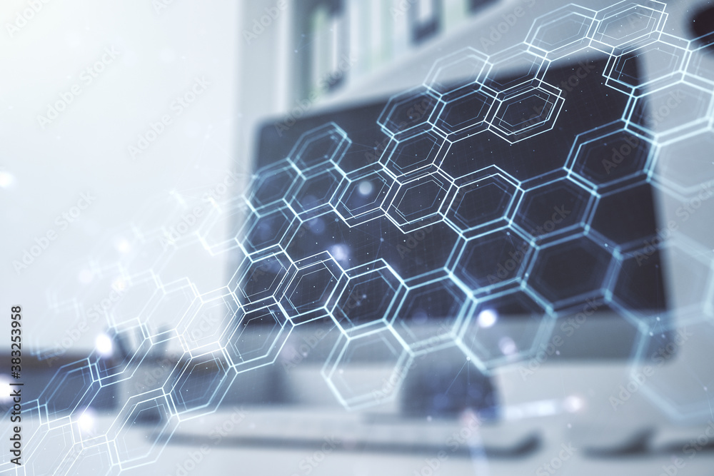 Aufkleber creative abstract technology sketch with hexagon grid and modern desk with computer on background, f