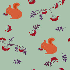 Seamless vector illustration with squirrels and rowan berries.