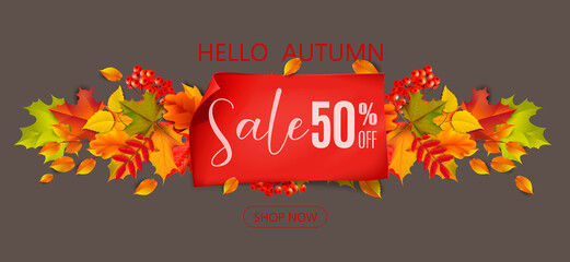Greetings and gifts for the autumn and autumn season concept. Autumn background, poster and banner template with colorful autumn leaves.