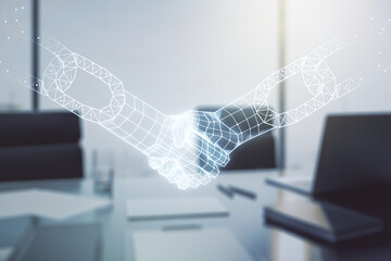 Creative concept of blockchain technology with handshake and modern desktop with computer on background. digital money transfers and decentralization concept. Multiexposure