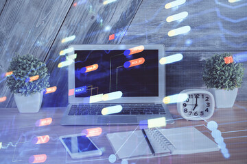 Double exposure of computer and technology theme hologram. Concept of freelance work.