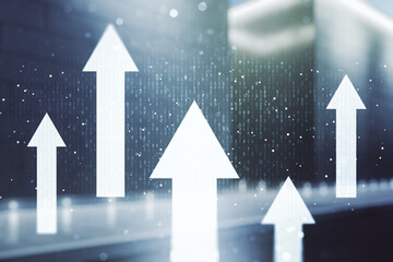 Abstract virtual upward arrows sketch on contemporary business center exterior background, target...