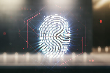 Multi exposure of virtual fingerprint scan interface on contemporary business center exterior background, digital access concept