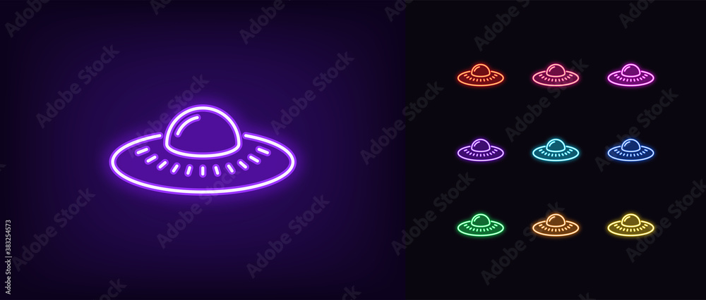 Sticker Neon alien UFO, glowing icon. Neon alien spacecraft, UFO spaceship