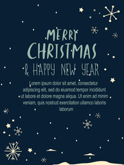 Christmas,Happy New Year Greeting Card with Calligraphic Wishes,Composition of Sparkling Snowflakes, Snowfall. Banner Festive Elements.Invitation Picure Winter Holidays. Flyer Flat Vector Illustration