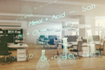 Abstract virtual chemistry illustration on a modern furnished classroom background, science and research concept. Multiexposure