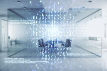 Abstract virtual creative code skull hologram on a modern furnished office interior background, theft of personal data and malware concept. Multiexposure