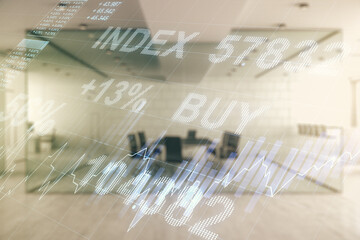 Double exposure of abstract creative financial chart hologram on modern corporate office background, research and strategy concept