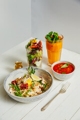 chicken and salad,food, salad, vegetable, meal, plate, dinner, tomato, healthy, fresh, dish, lunch, cuisine, appetizer, gourmet, green, diet, pepper, rice, fish, white, lettuce, chicken, restaurant, c