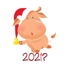 Graphic hand-drawn illustration of a bull wearing a santa claus hat with the words 2021 on a white background.