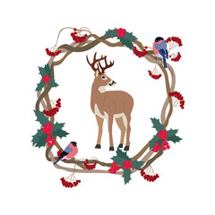 Vector illustration with a deer, rowan branches, berries of holly, bullfinches in a frame