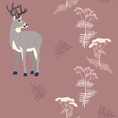 Seamless vector illustration with deer and field herbs.